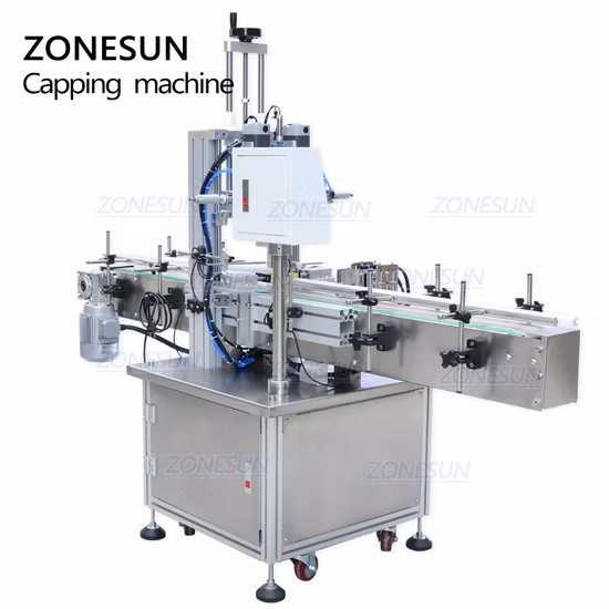 Zonesun Botellas de vidrio redondas cuadradas de plástico neumáticas Máquina taponadora de botellas automática con tornillo desinfectante para manos